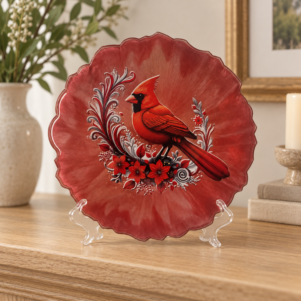 Crimson Cardinal Elegance - Decorative Plate displayed in a home setting — lifestyle mockup