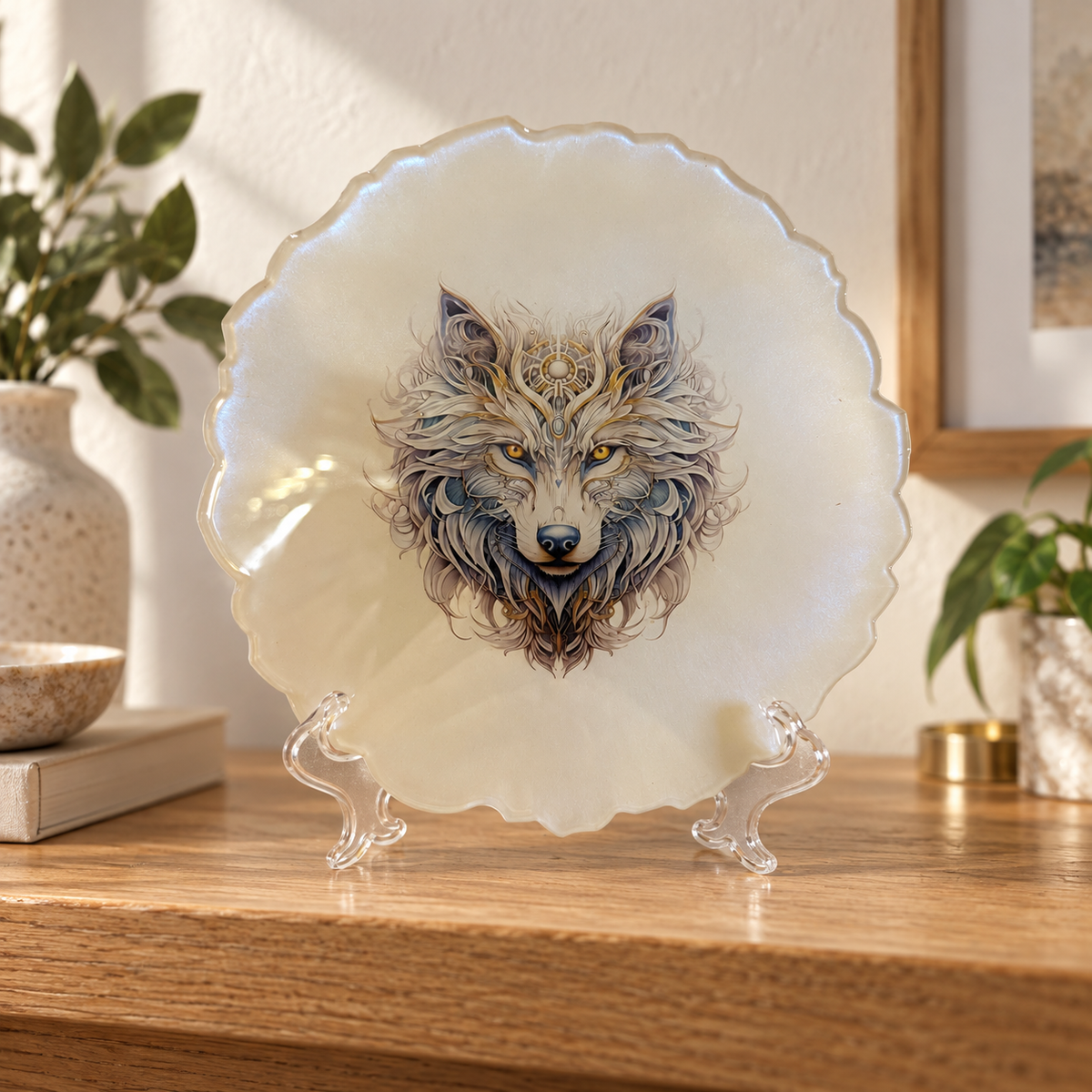 The Celestial Wolf Guardian - Decorative Plate displayed in a home setting — lifestyle mockup